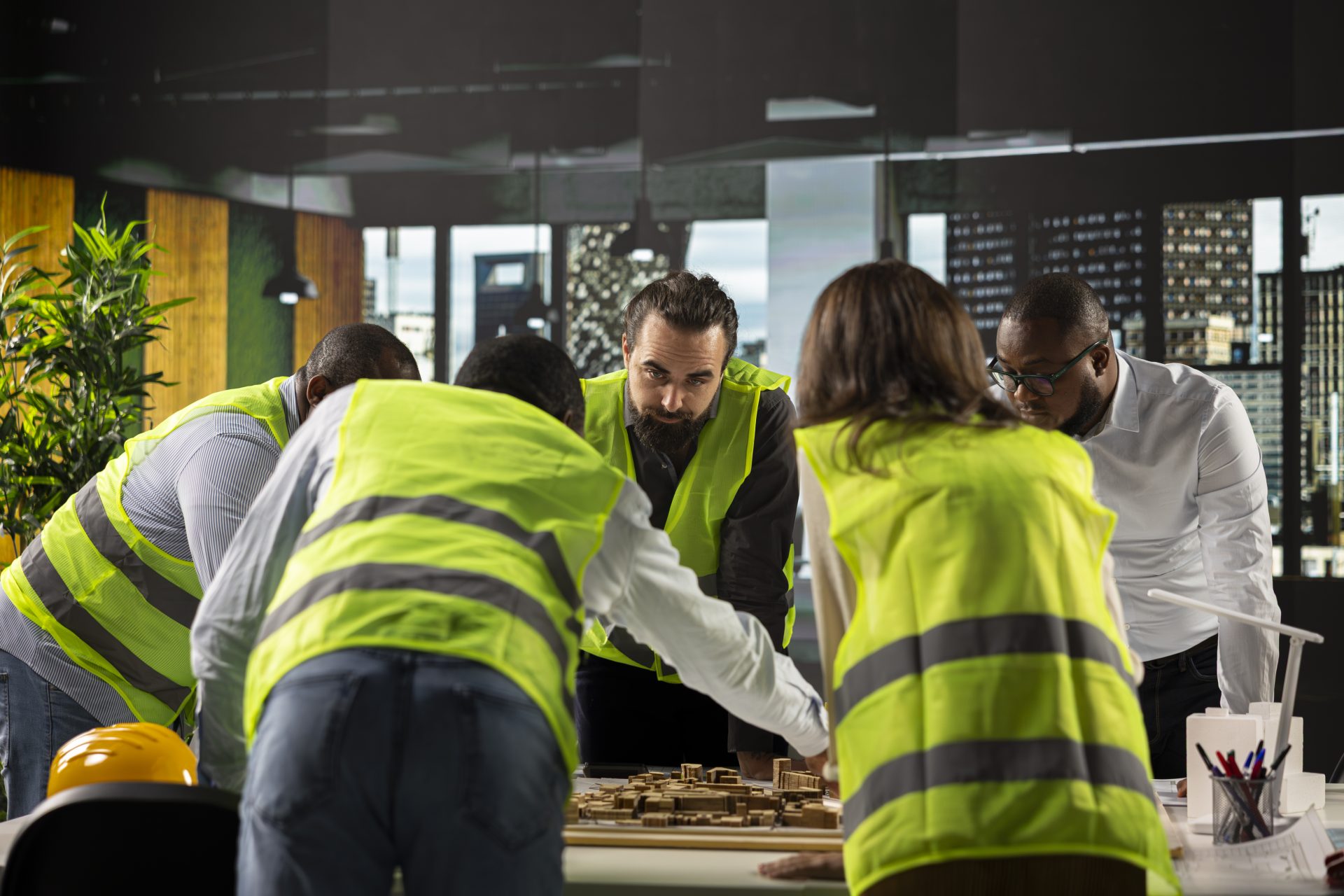 "Équipe HSE en gilet haute visibilité réunie autour d’un plan de prévention lors d’un Safety Day en entreprise"