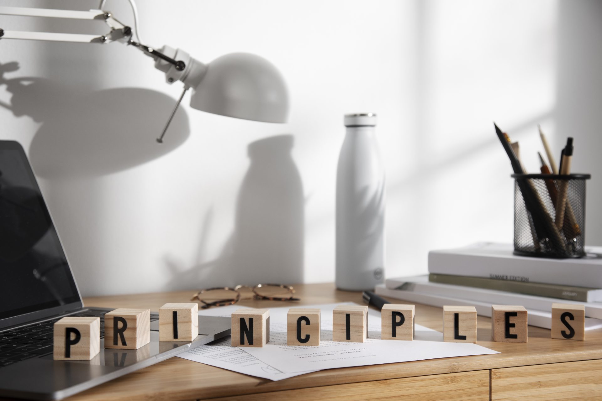 Cubos de madera formando la palabra PRINCIPLES sobre un escritorio – ilustración de los 9 Principios Generales de Prevención PGP artículo L4121-2 del Código Laboral francés
