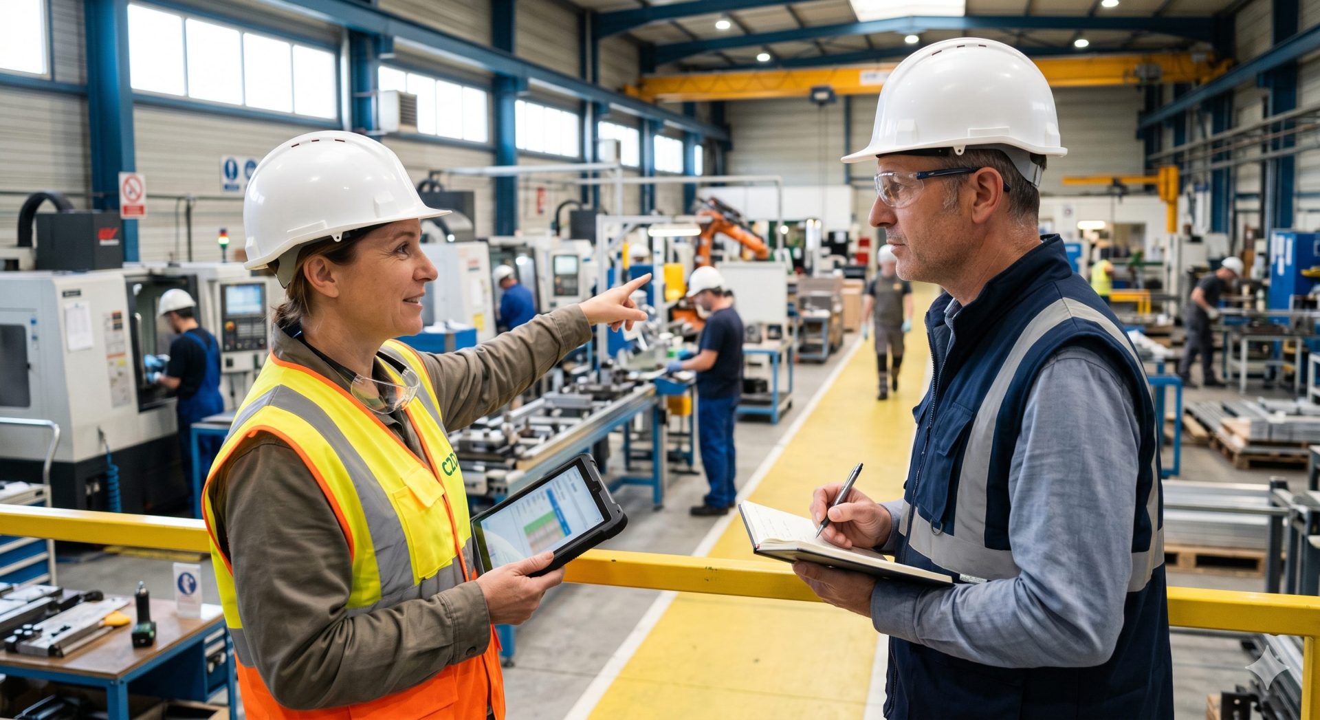 Une consultante de C2D Prévention réalise un audit de sécurité terrain et une analyse des risques dans un atelier industriel