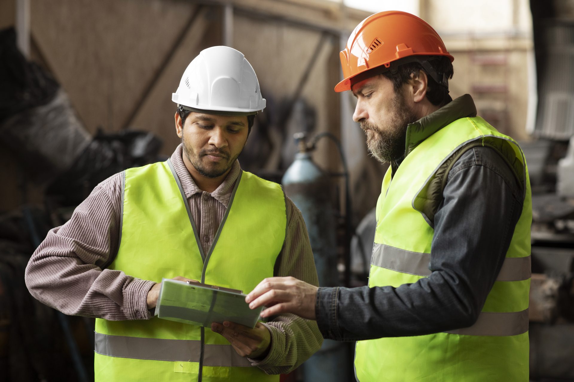 Manager de proximité échangeant avec un opérateur en tenue de sécurité sur un site industriel